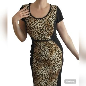 Slimming Bodycon Dress - Annabelle - Animal Print & Black with Belt - Size S